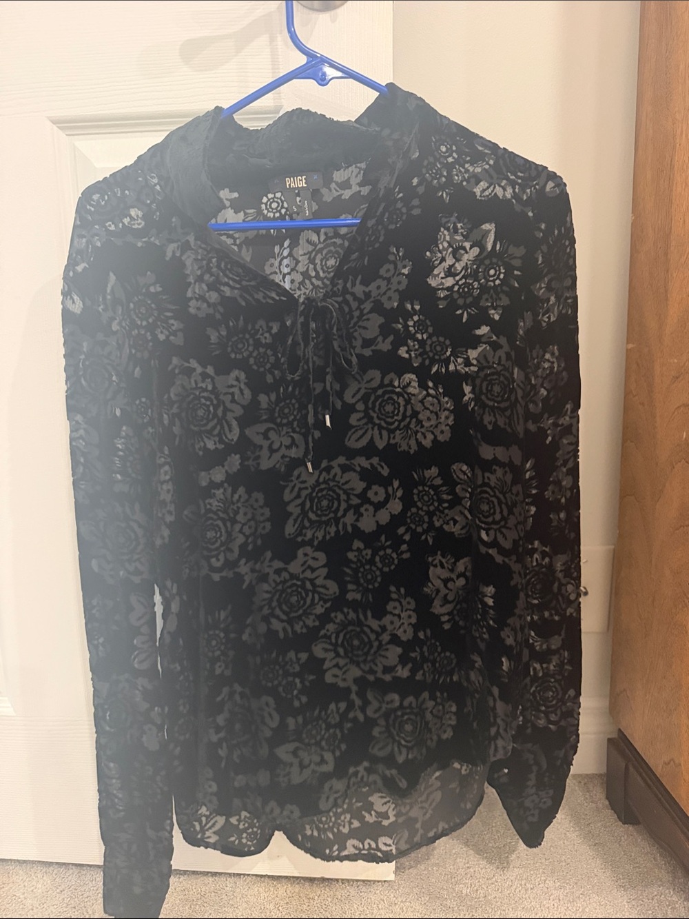 PAIGE Black Floral Burnout Velvet Tie-Neck Blouse